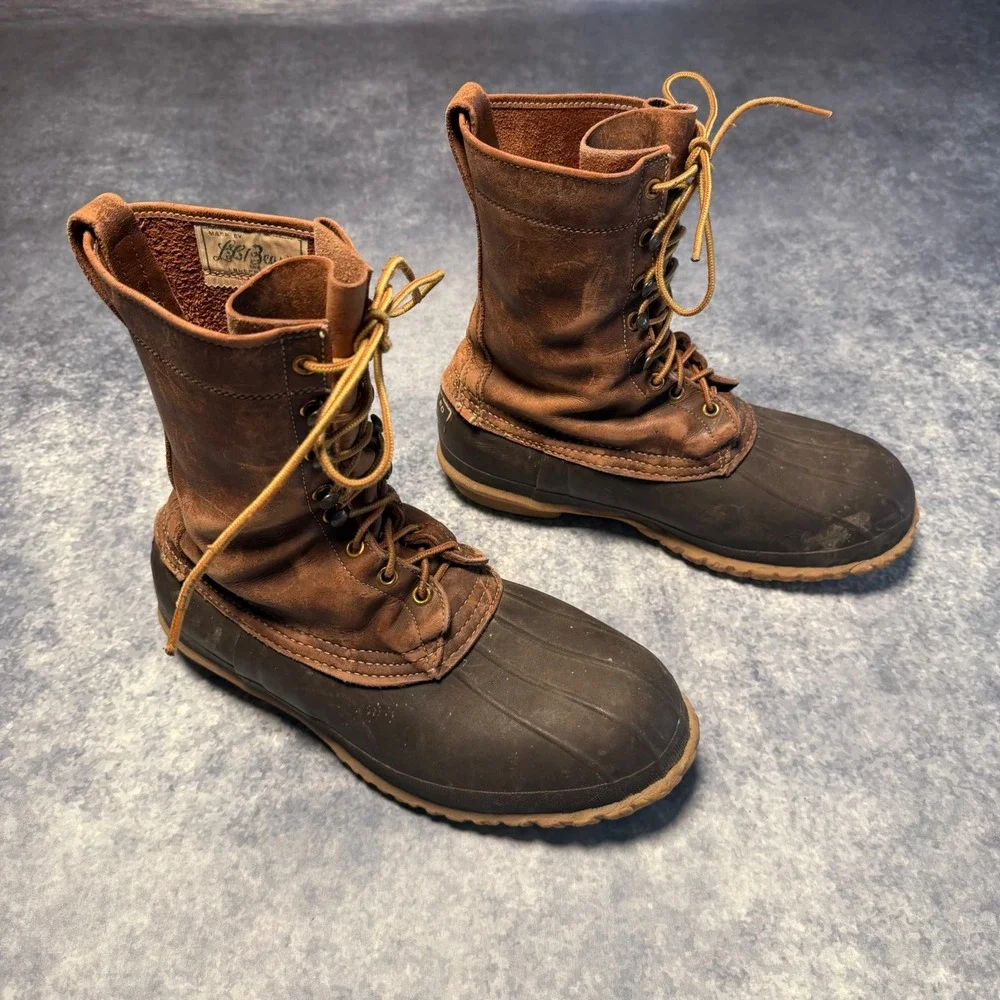 Vintage 70s LL Bean Maine Hunting Boots Mens 9 Brown Leather Duck TM Script Tag